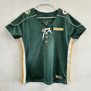 Women's Green Bay Packers Short Sleeve Fitted Jersey Top NFL Apparel XL Lace Up
